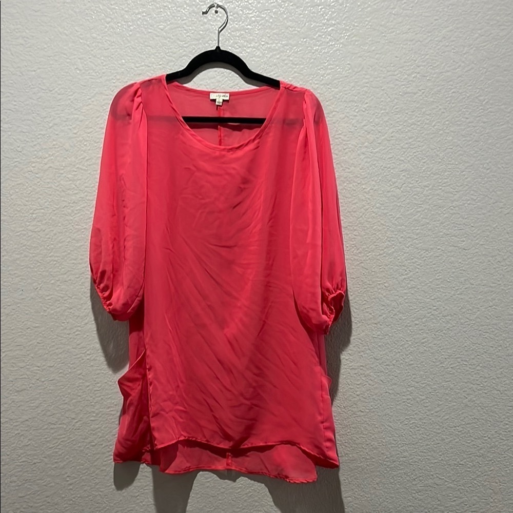 LILY WHITE Chiffon Tunic Top‎ Shirt 3/4 Sleeve Salmon Pink sz L Sheer TC0791
